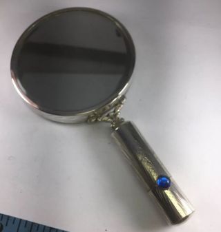 Vintage Italian 800 Sterling Silver Sapphire Hand Mirror Compact Lipstick Holder