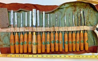 Vintage Henry Taylor Acorn Brand Wood Carving Chisel Set Of 18 W/ Stone And Bag
