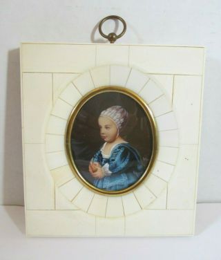 Antique Miniature Portrait Painting Of A Little Girl Holding An Apple