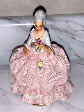 Antique Dresden Pink Lace Victorian Lady 6” Tall - Made In Germany -