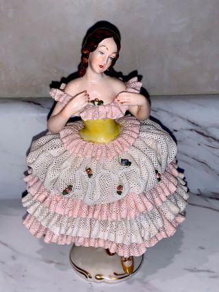 Antique Dresden Pink Lace Ballerina 7.  5 Tall - Made In Germany -