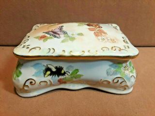 Vintage Porcelain Hand Painted Butterfly & Floral Trinket Box