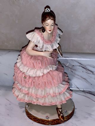 Antique Dresden Pink Lace Ballerina 9” Tall - Made In Germany -