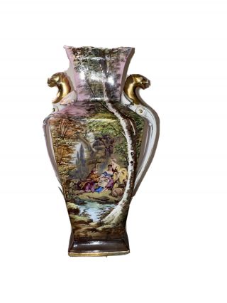 Old Paris Porcelain Vase: Hand Painted With Dragon Handles - Pinkish