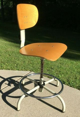 Vintage Cramer Adjustable Drafting Stool Industrial Steel & Plywood Form Chair