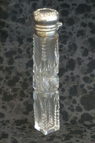 Cut Glass Perfume / Scent Bottle With Sterling Hinged Lid - 3 5/8 "