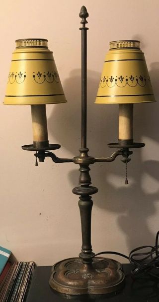 Fine Antique French Bouillotte Double Student Lamp Tole Shade Bronze Base