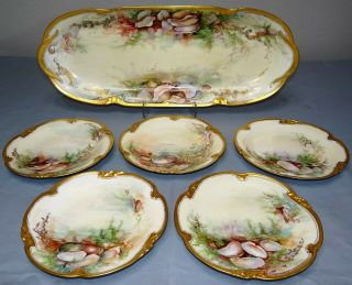 Antique D&c Limoges France Hand Painted Oyster Fish Platter & 5 Plate Set Vtg