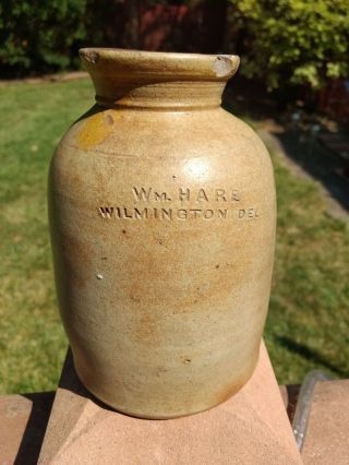 Wm.  Hare Wilmington Del.  Delaware Salt Glaze Pottery Crock 6.  5 " Tall