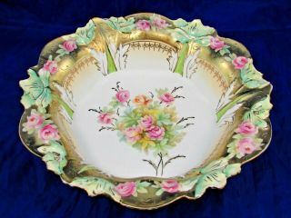 Rs Prussia Pink Roses Molded Floral Heavy Raised Gold Large Bowl