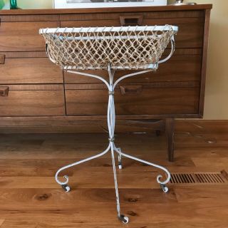 Vtg Collapsible French Metal Iron Hospital Laundry Garden Basket Cart Wheels