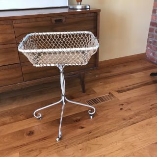 Vtg Collapsible French Metal Iron HOSPITAL Laundry Garden Basket Cart Wheels 2