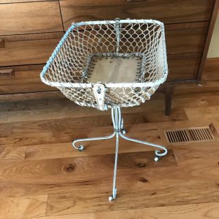 Vtg Collapsible French Metal Iron HOSPITAL Laundry Garden Basket Cart Wheels 3