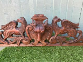 19thc Gothic Wooden Oak Pediment With Winged Gargoyles,  Deer Head C1880s
