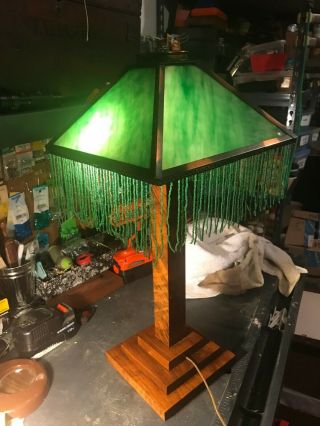 Old Antique 4 Panel Slag Glass Shade Table Lamp Art Deco Wood Beads Stain
