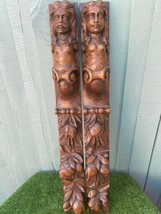 Pair: Mid 19thc Gothic Wooden Oak Architectural Caryatid Carvings C1860s