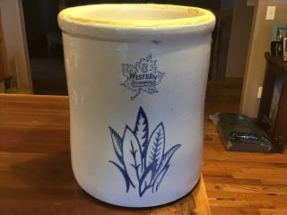 Western Stoneware 8 Gallon Crock,  Leaves Monmouth Illinois Vintage Kitchen