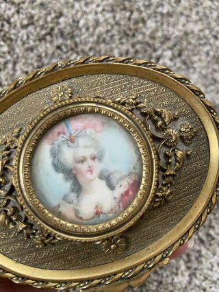 Antique French Portrait Gilt Bronze Ormolu Casket Box signed Miniature Painted 3
