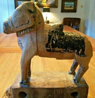 Ancient Antique Wooden Horse Pull Toy On Platform Extremely Rare Great Patina