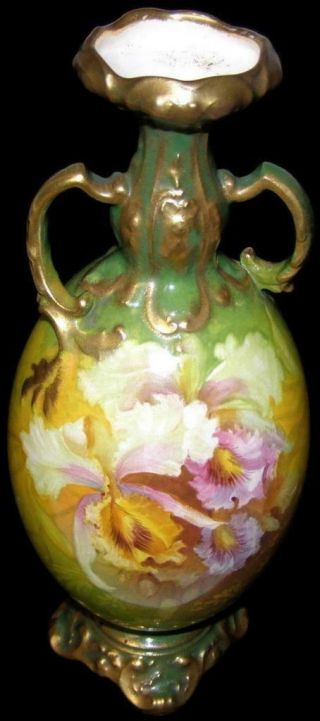 Antique Royal Bonn Franz Anton Mehlem Vase Hand Painted Pink Roses & Raised Gold