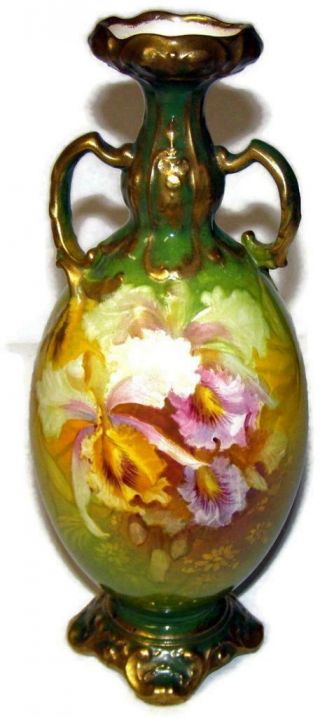 Antique Royal Bonn Franz Anton Mehlem Vase Hand Painted Pink Roses & Raised Gold 2