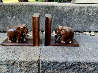 Antique Early 1900’s Elephant Book Ends Rare Decor Heavy Wooden 8 1/4”x4