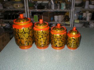 4 Vintage Hand Painted Wood Canisters Red Black Gold Beriozka Made In Russia 2