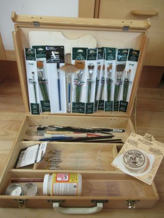 Vintage Artist Wooden Paint Box Art Supplies Case W/ 50 Brushes & Supplies