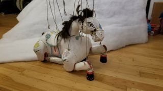 Antique Folk Art Hand Painted And Carved Wooden Horse Marionette
