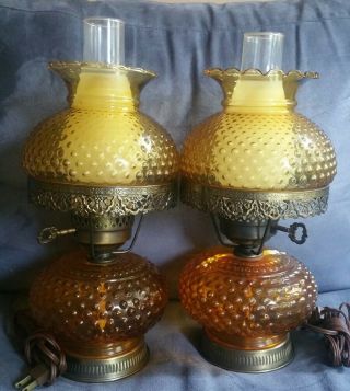 Antique Vintage Mid Century Amber Glass Portable Table Top Lamps Set Of 2