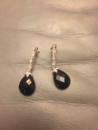 Vintage Black Onyx And Diamonds 14k White Gold Dangle Briolette Earrings