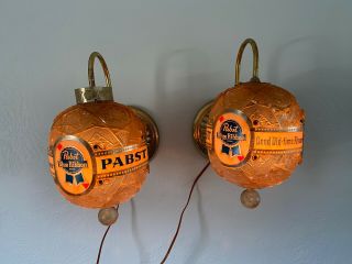 Pair Vintage Pabst Blue Ribbon Beer Electric Rotating Wall Sconce Light -