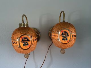PAIR VINTAGE PABST BLUE RIBBON BEER ELECTRIC ROTATING WALL SCONCE LIGHT - 2