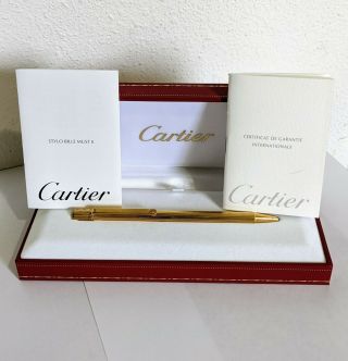 Vintage 18k Gold Plated Cartier Pen Le Must De Cartier Godron Ⅱ W/box & Papers
