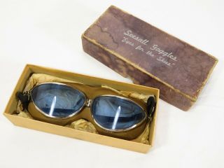 Vtg Seesall Flight Aviator Goggles Blue Lenses W/ Orig Box Pilot Glasses Ww2 Era