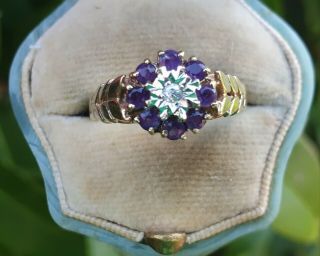 Vintage 9ct Yellow Gold Amethyst And Diamond Ring Size P Or U.  S 7 3/4
