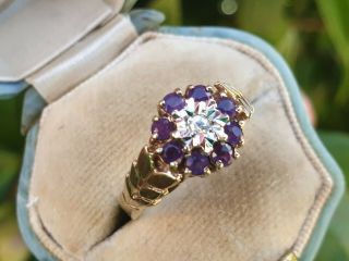 Vintage 9ct Yellow Gold Amethyst and Diamond Ring size P or U.  S 7 3/4 2