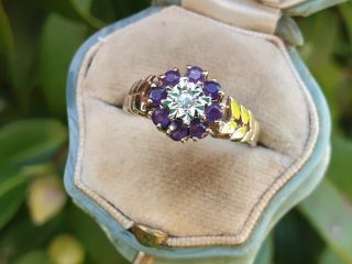 Vintage 9ct Yellow Gold Amethyst and Diamond Ring size P or U.  S 7 3/4 3