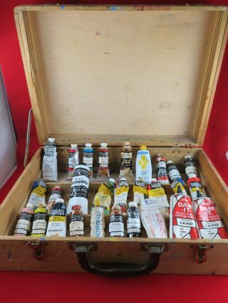 Vintage Wooden Art Box / Artist Storage Paint Cabinet - Brass Hinges W/ Oil Paints