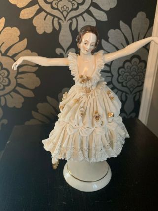 Antique German Dresden Lace Lady Ballerina Dancer Porcelain Figurine