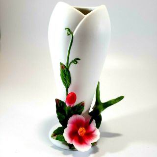 White Ceramic Bud Vase With Hummingbird And Flowers