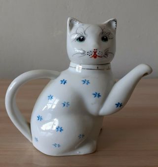 Vintage Pier 1 White Porcelain Kitty Cat Tea Pot Creamer With Blue Flowers