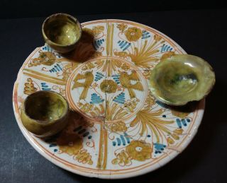 17th Century Italian Deruta Plate W/ Egg Cups Salt Bowl 18th Century Repairs