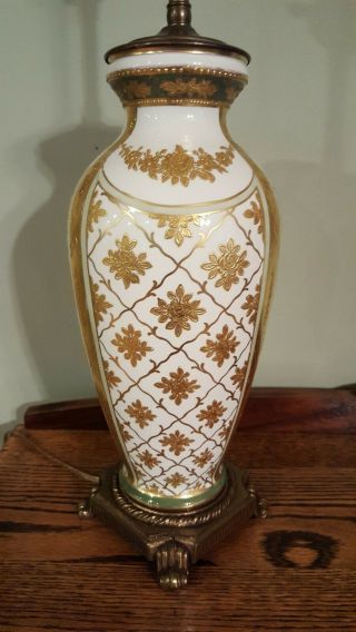 Antique Royal Bonn Porcelain Vase Gold Moriage Floral Design Brass Table Lamp