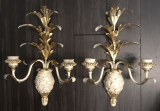 Vintage Gold Gilt Carved Wall Candle Sconces Pineapples Antique Wood Tole Italy