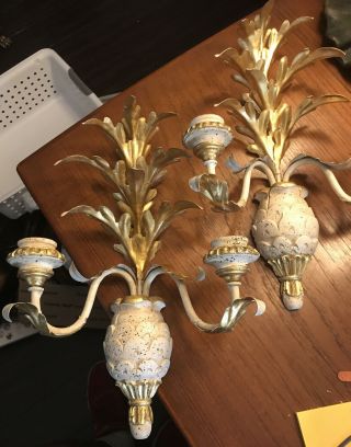 Vintage Gold Gilt Carved Wall Candle Sconces Pineapples Antique Wood Tole Italy 3