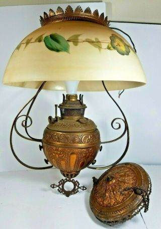 Antique B&h Electrified Hanging Oil Lamp W/shade & B&h Ceiling Motor Retractor