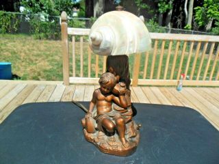 1925 Vintage Bronze Finished Chalkware Figural Lamp Abalone Nautilus Shell Shade