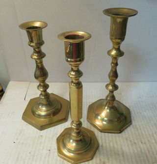 3 Vintage Brass Candlesticks Candle Holders 7 3/4 " - 7 1/2 " - 8 1/2 " Tall