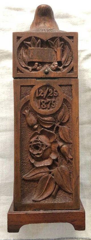 Antique Black Forest Carved Perfume Bottle Case Dated 12/25/1875 Lion Head Flora
